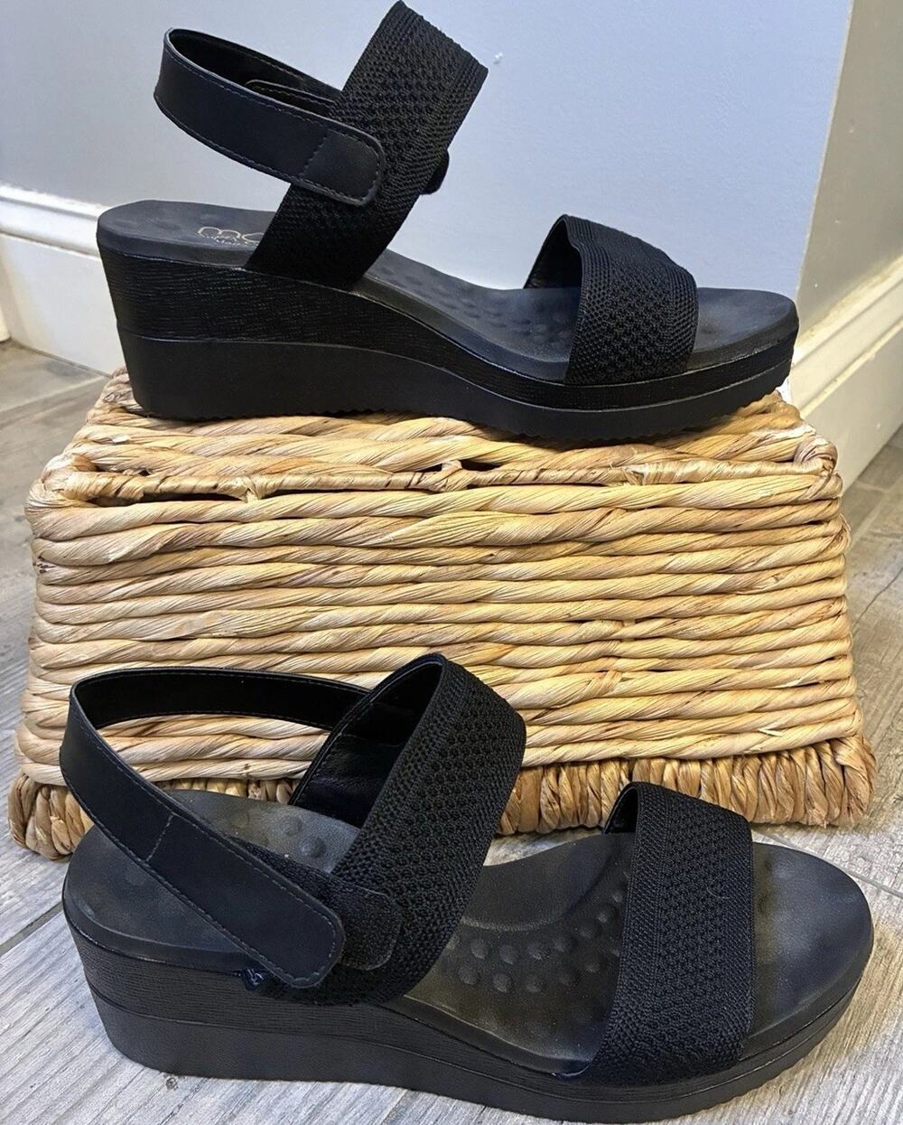 Malu Super Comfort Women's Wedge Sandals Black Stretch Knit Strap Size 10 Brazil